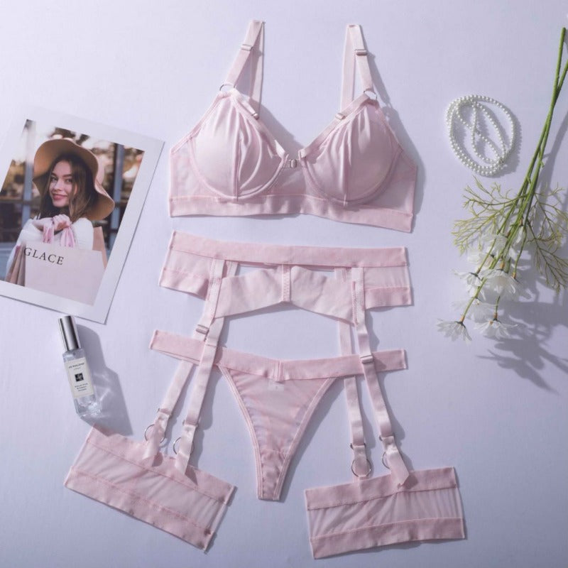 String rose clair sexy pour femme, avec jarretières.