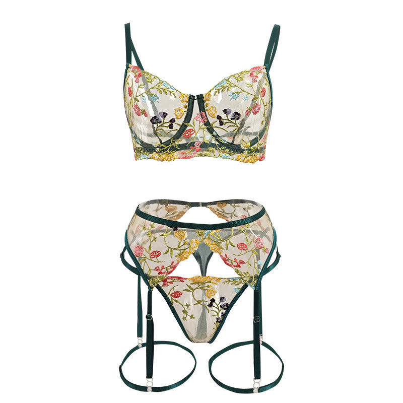 Ensemble de lingerie sexy verte 4 pièces : string, tanga et ourlet en forme de T-shirt avec anneaux pour les jambes