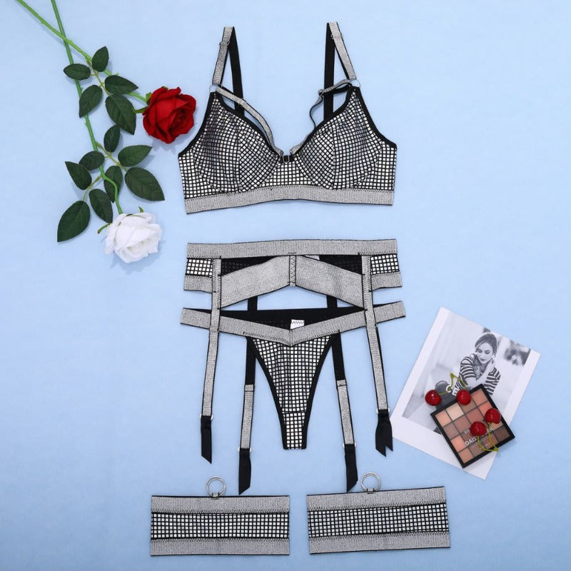 String noir et argent sexy pour femme, avec jarretières.