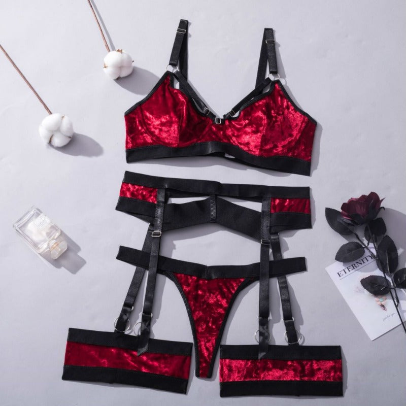 String sexy en velours brillant pour femme, avec jarretières et tanga.