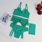 Carsine Sexy Lingerie Eyelash Lace Garter Strap 4-Piece Set Green / S