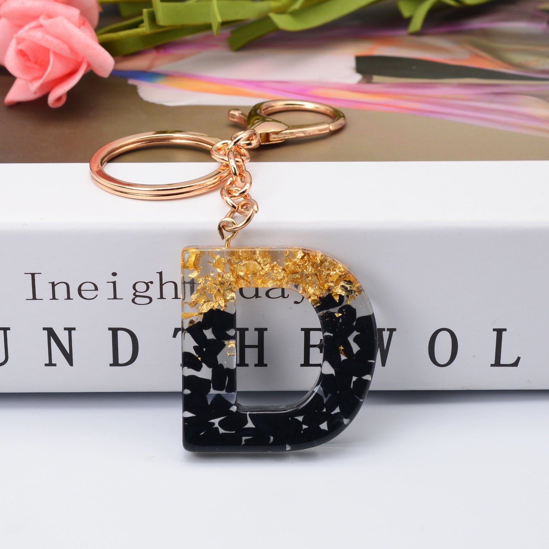 Carsine Black Pompom 26 Alphabets Keychain gold / D