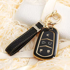 Carsine Cadillac Car Key Case Golden Edge 5 Buttons / Black / Key case + strap